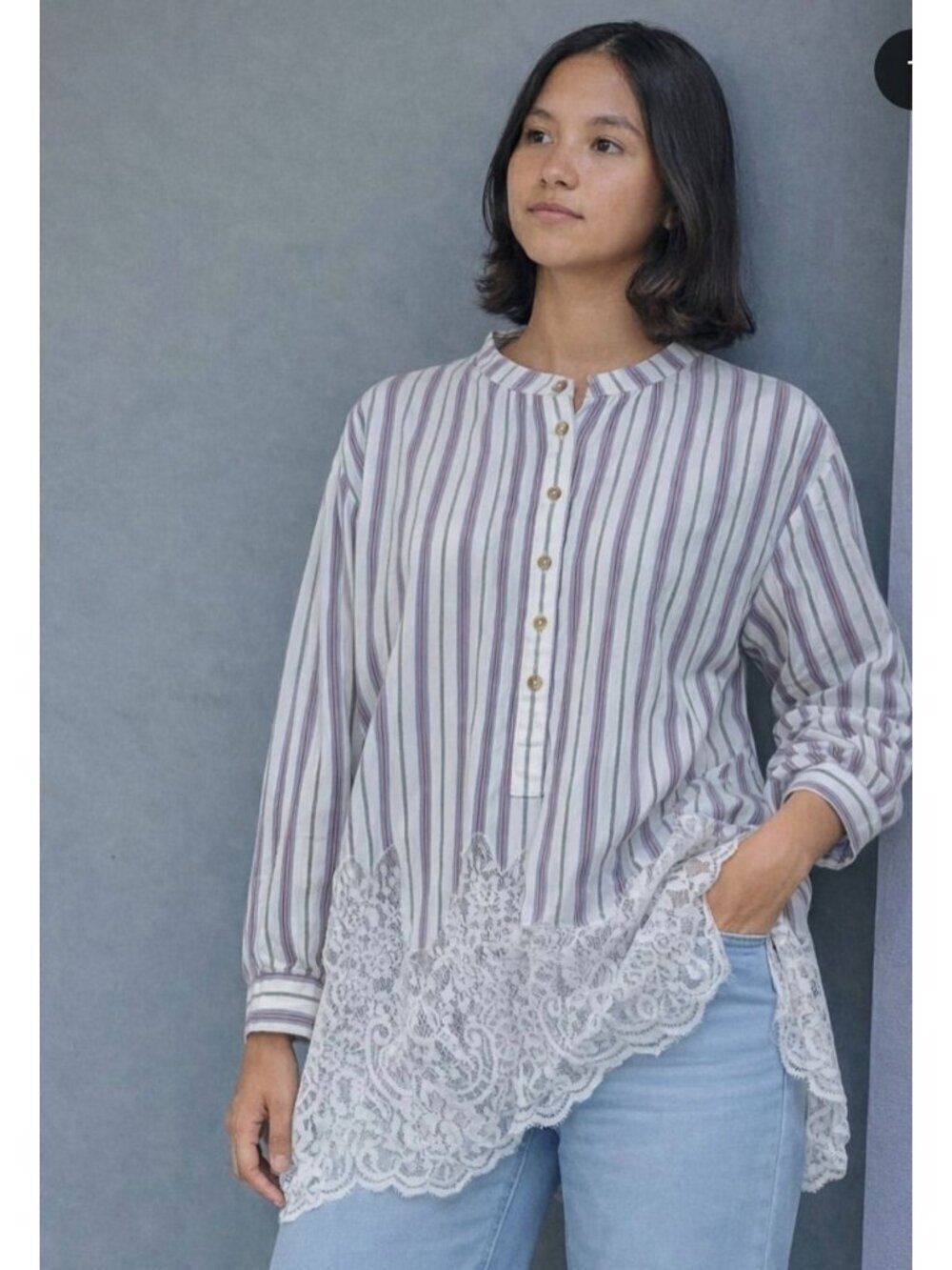 Pilcro Women's Striped Lace Hem Button-Up Blouse Top Size 3X